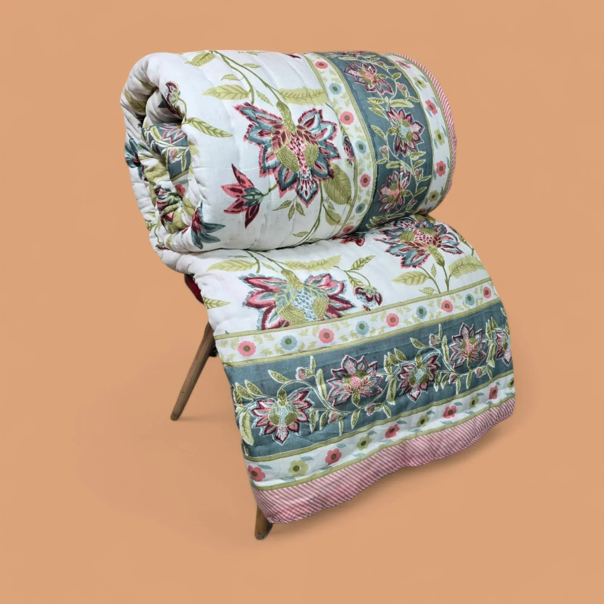 Hand Block Printed Jaipuri Cotton Quilt – Green & Red Floral (90X108 Inches)