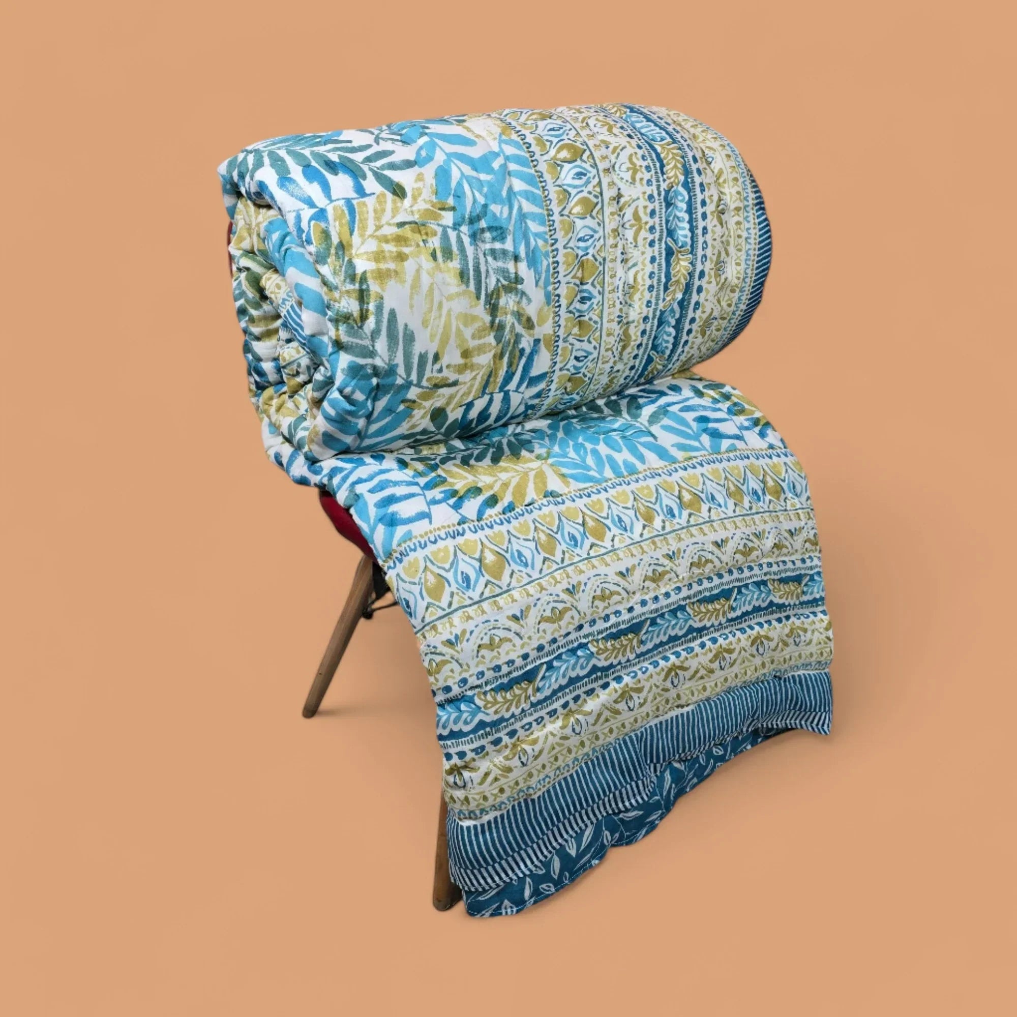 Hand Block Printed Jaipuri Cotton Quilt – Blue & Yellow Leaf (90X108 Inches)