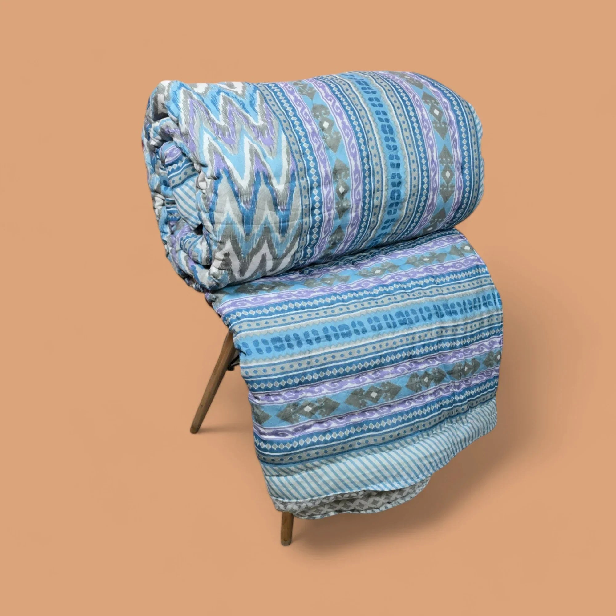 Hand Block Printed Jaipuri Cotton Quilt – Blue & Purple Geo Stripes (90X108 Inches)