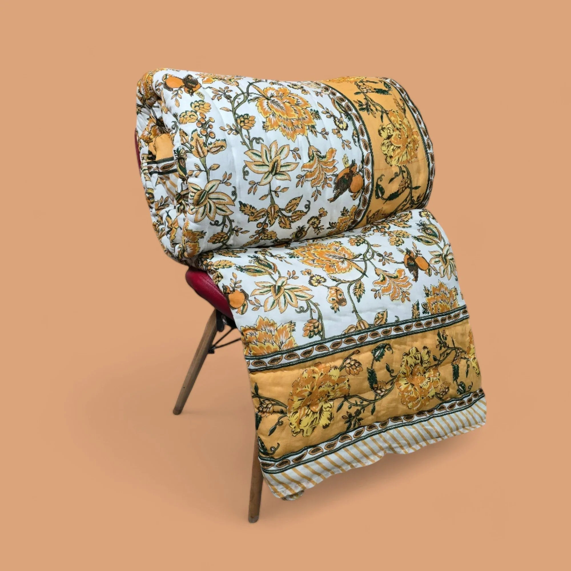 Hand Block Printed Jaipuri Cotton Quilt - Sunehri Gulzar (90X108 Inches)