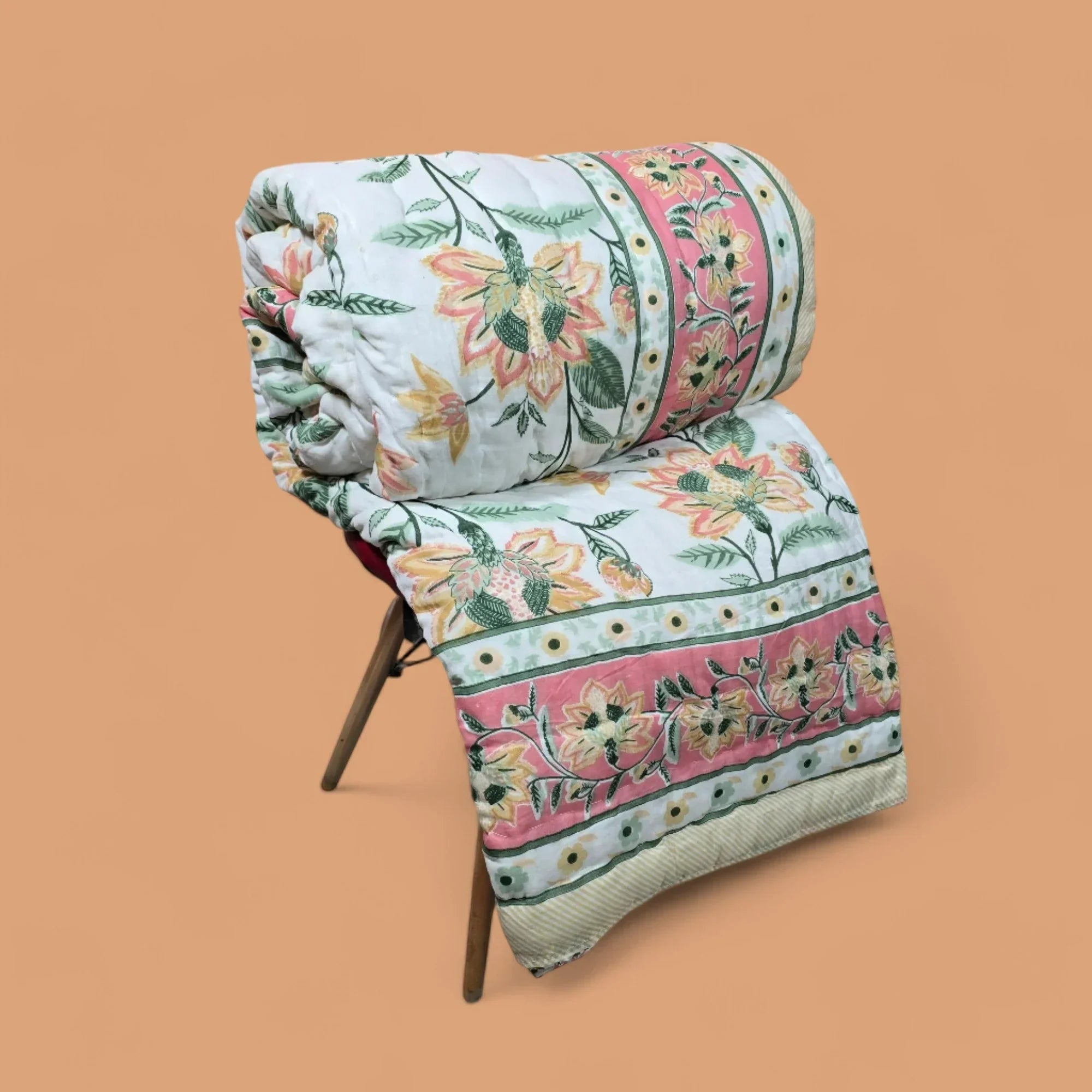 Hand Block Printed Jaipuri Cotton Quilt - Pink Floral Design(90X108 Inches)