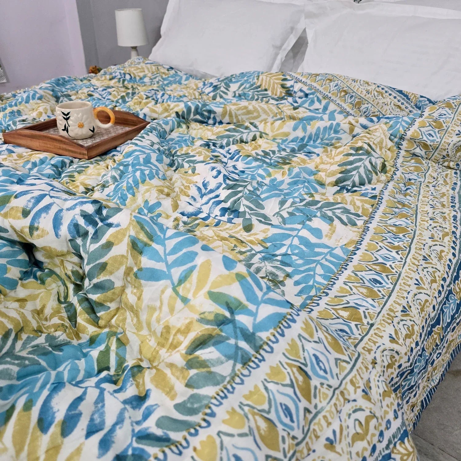Hand Block Printed Jaipuri Cotton Quilt – Blue & Yellow Leaf (90X108 Inches)