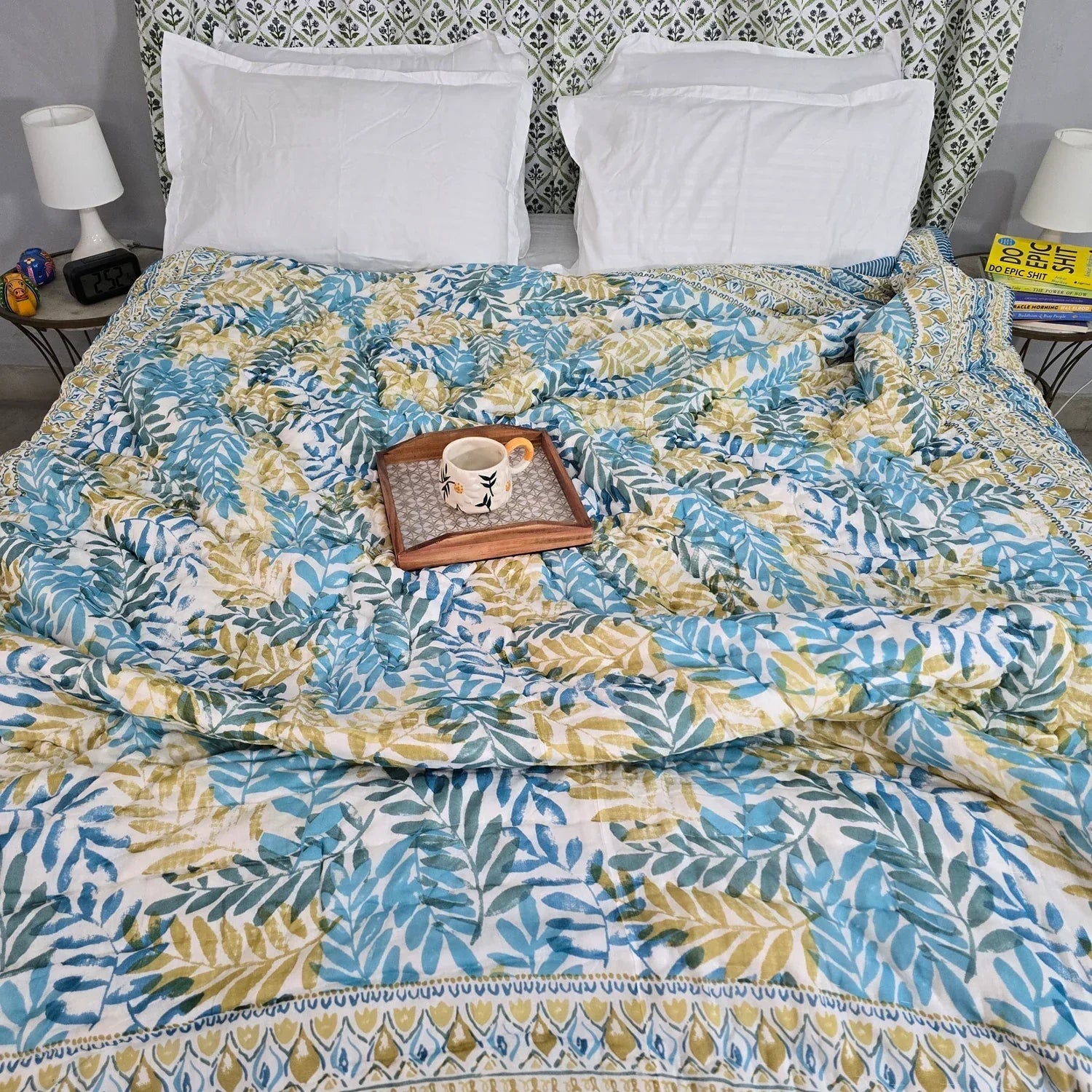 Hand Block Printed Jaipuri Cotton Quilt – Blue & Yellow Leaf (90X108 Inches)