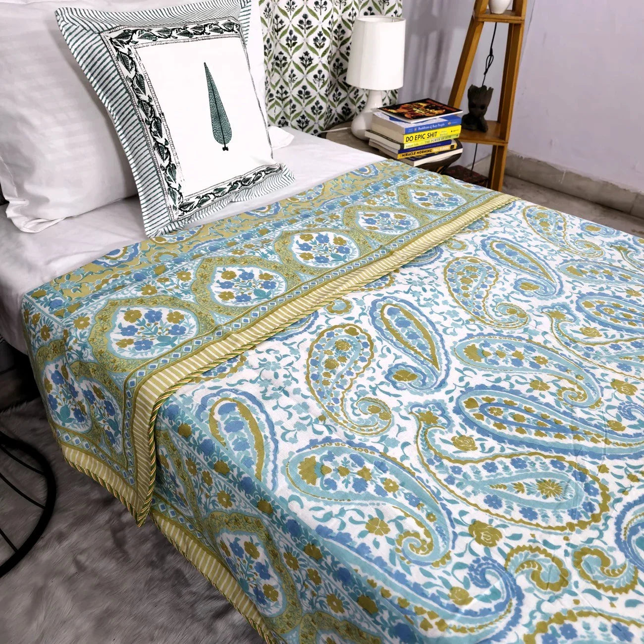 All Season Jaipuri Blanket | 100% Cotton | Block Print | Single Bed  –  Mughal Jaal Yellow (63X90 Inches)