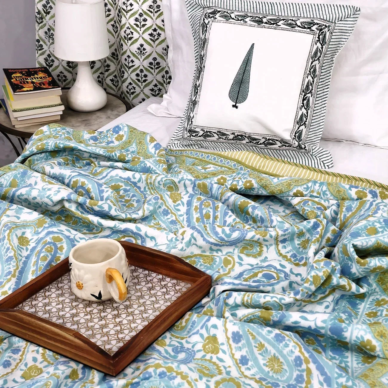 All Season Jaipuri Blanket | 100% Cotton | Block Print | Single Bed  –  Mughal Jaal Yellow (63X90 Inches)