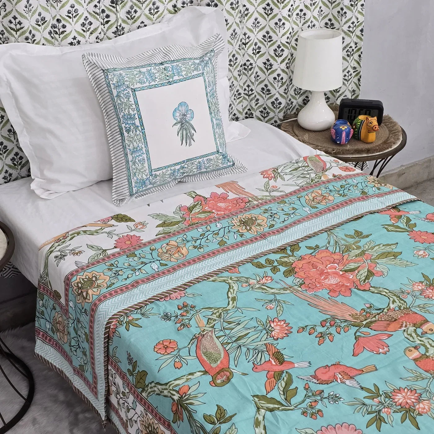 All Season Jaipuri Blanket | 100% Cotton | Block Print | Single Bed – Birds & Floral Motifs (63X90 Inches)