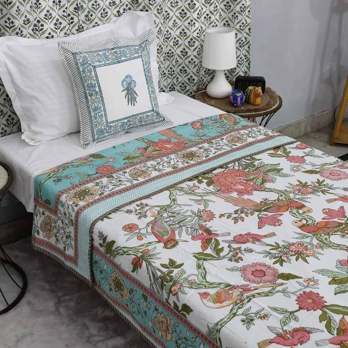 All Season Jaipuri Blanket | 100% Cotton | Block Print | Single Bed – Birds & Floral Motifs (63X90 Inches)
