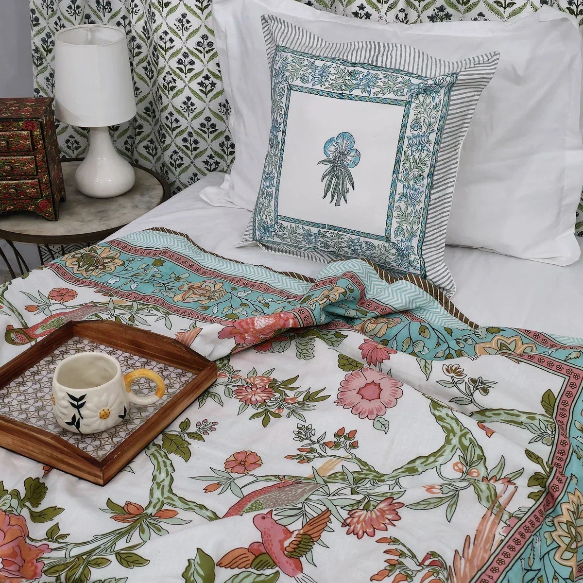 All Season Jaipuri Blanket | 100% Cotton | Block Print | Single Bed – Birds & Floral Motifs (63X90 Inches)