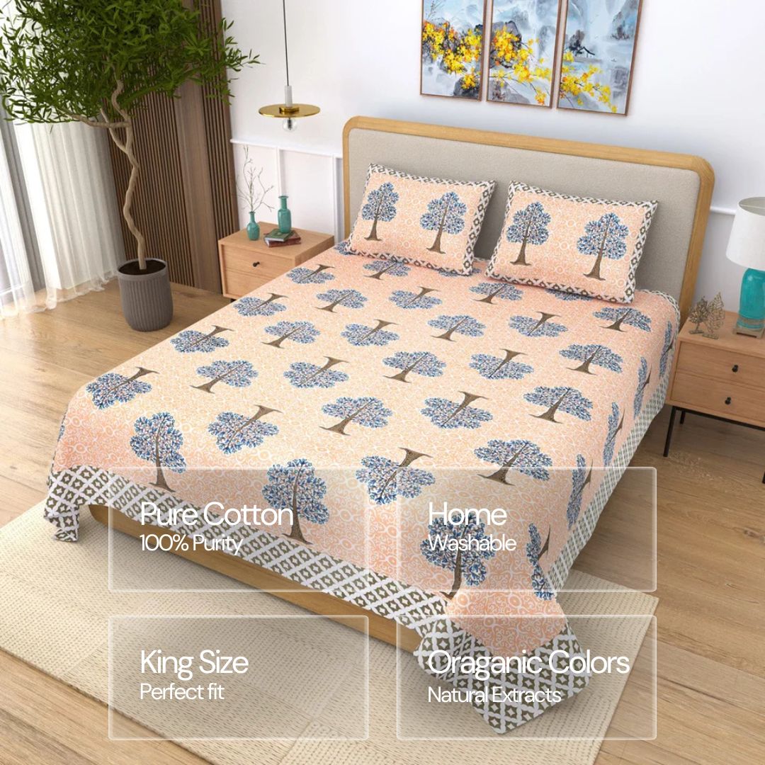 Jaipuri Cotton Double Bedsheet – Peach & Blue Tree Motif (90x108 inches)
