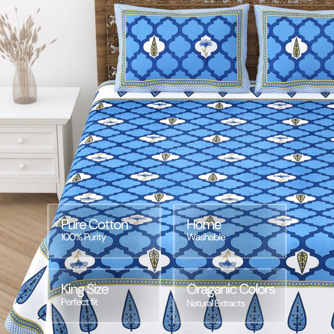 Jaipuri Cotton Double Bedsheet Set – Blue & White Mughal Print (90x108 inches)