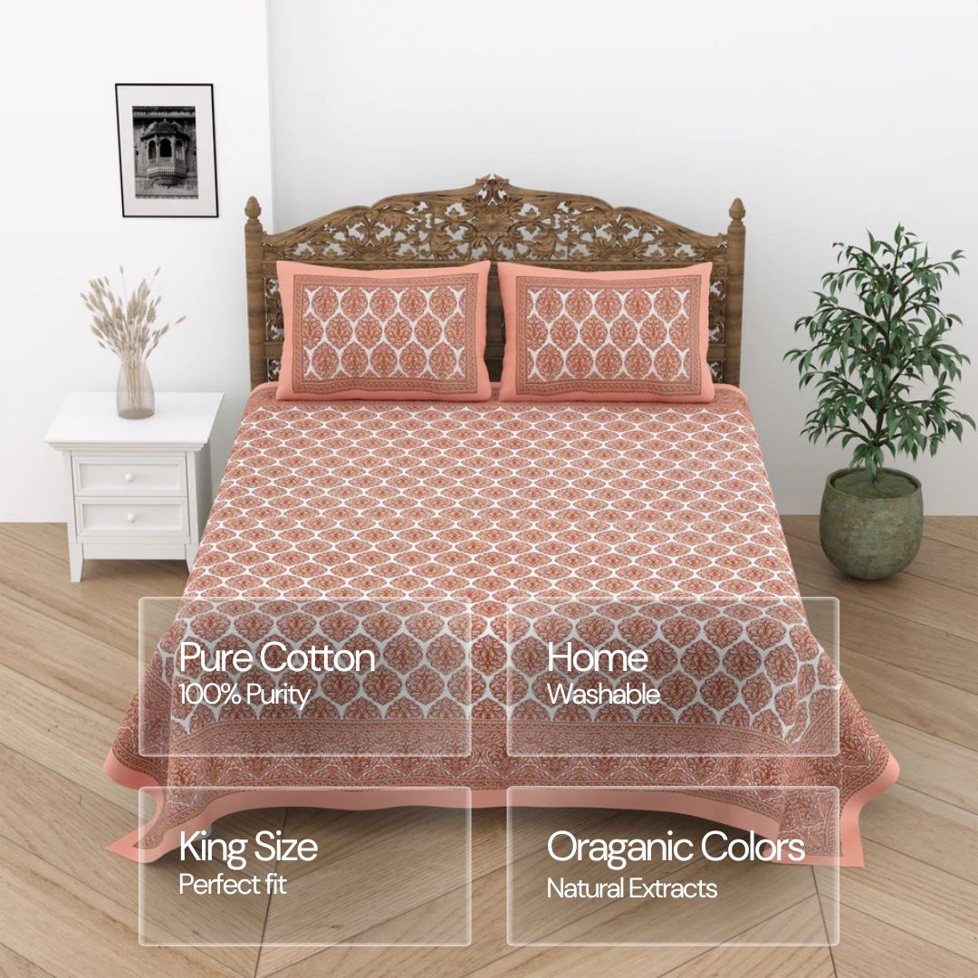 Jaipuri Cotton Double Bedsheet Set – Rust & White Floral Print (90x108 inches)
