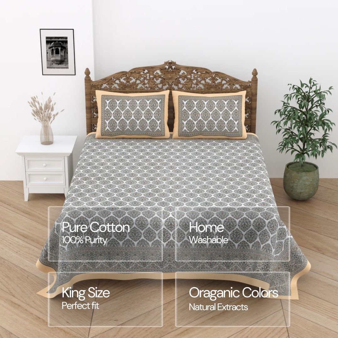 Jaipuri Cotton Double Bedsheet Set –  Grey & Beige Floral Print (90x108 inches)