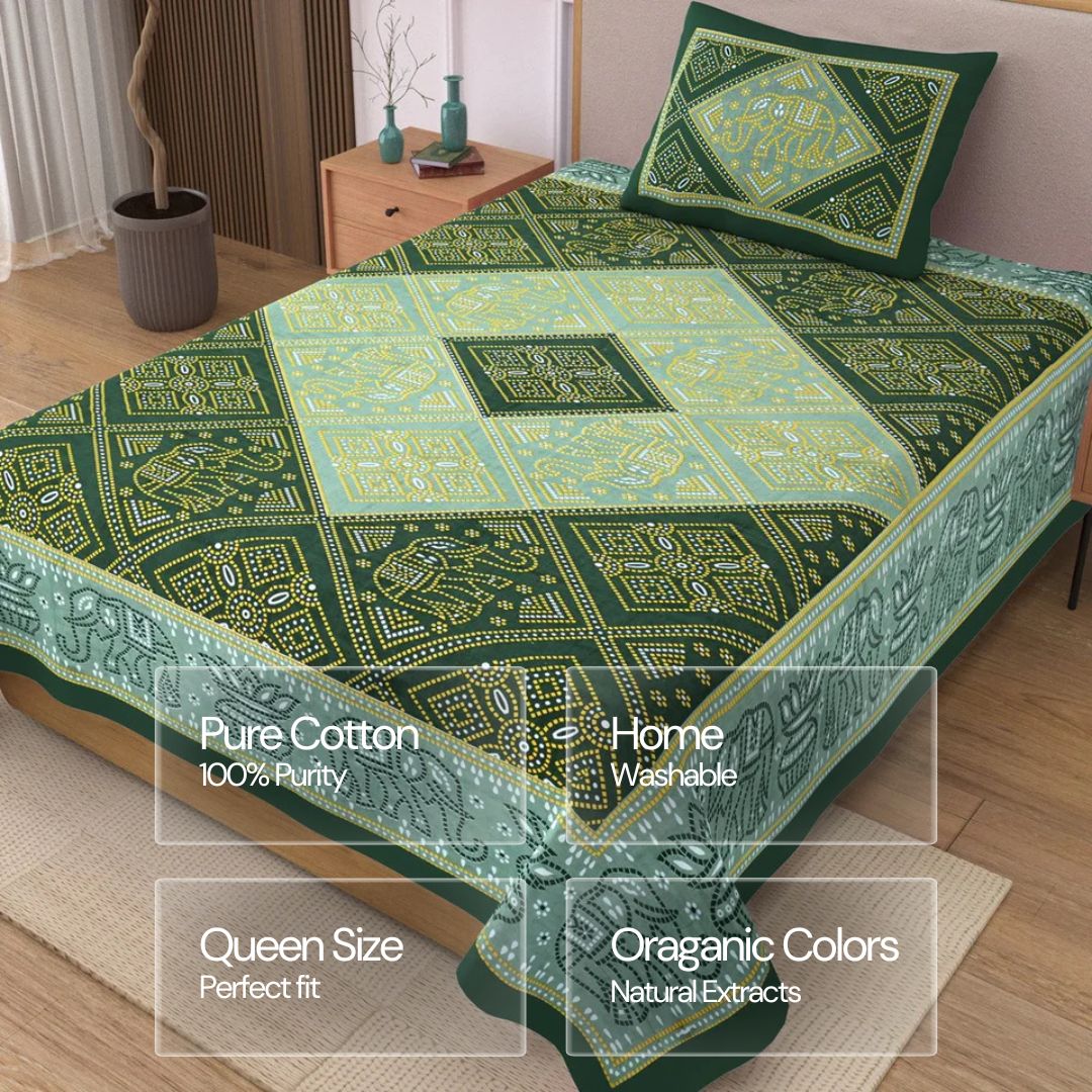 Jaipuri Cotton Single Bedsheet Set – Green & Yellow Bandhani Print (70X100 inches)