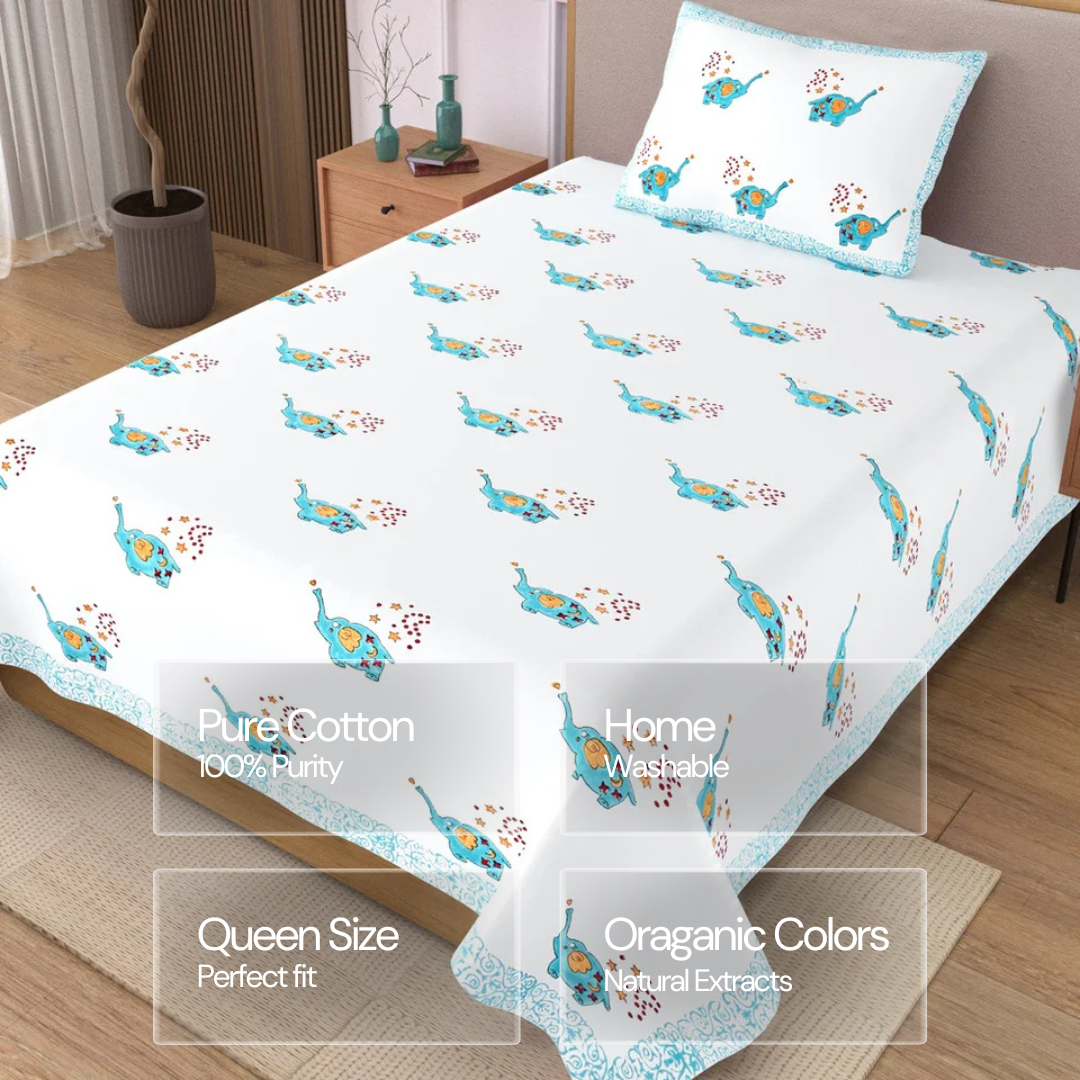Blue Elephant Block Printed Kids Cotton Bedsheet - Single Bed Size (60X90 Inches)