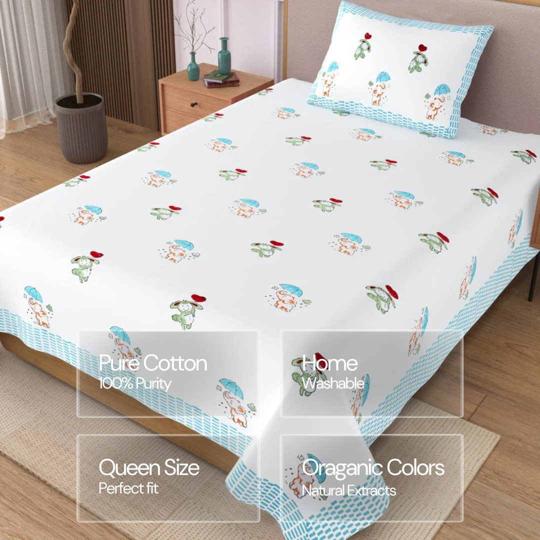 Happyland Block Printed Kids Cotton Bedsheet - Single Bed Size (60X90 Inches)