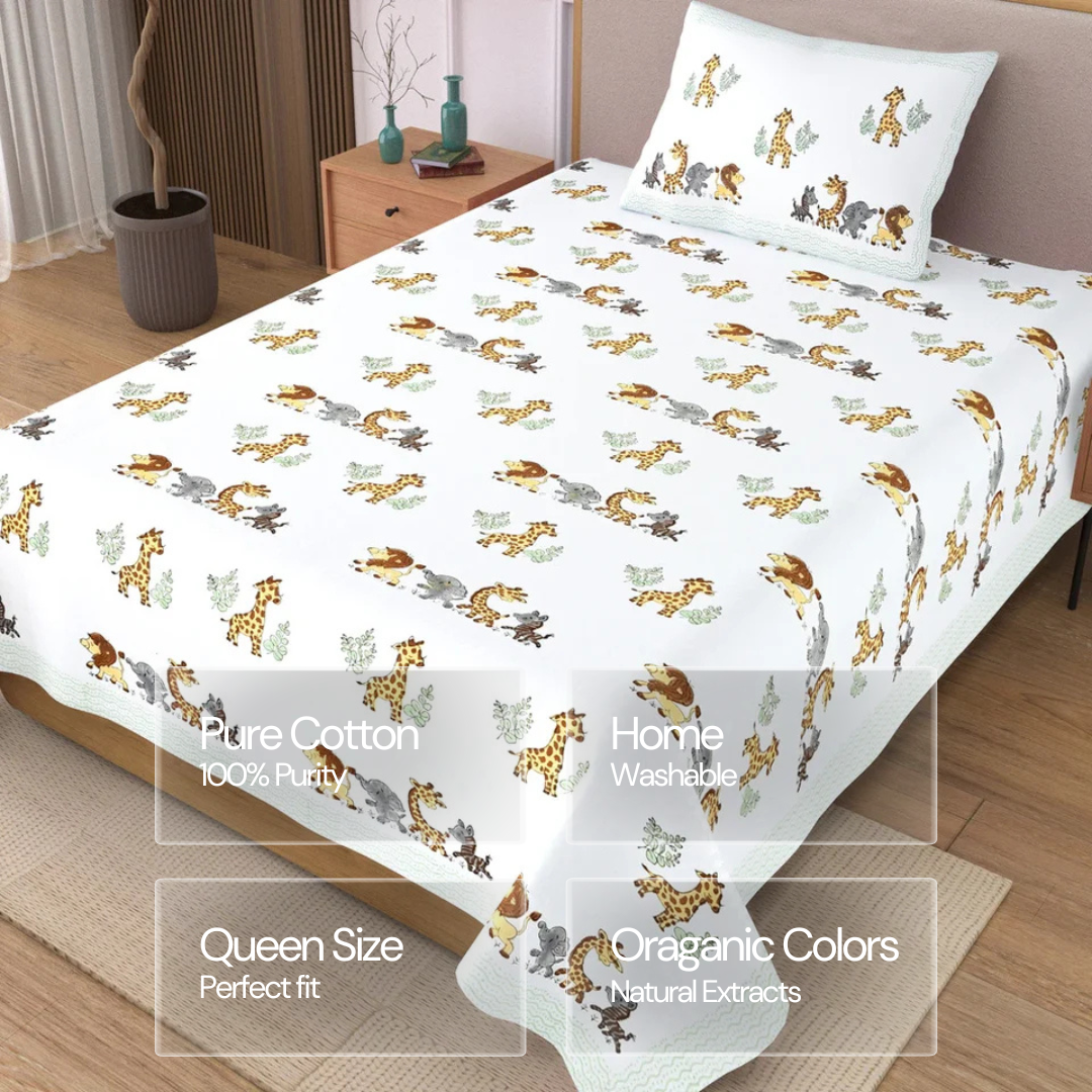 Jungle Safari Block Printed Kids Cotton Bedsheet - Single Bed Size (60X90 Inches)