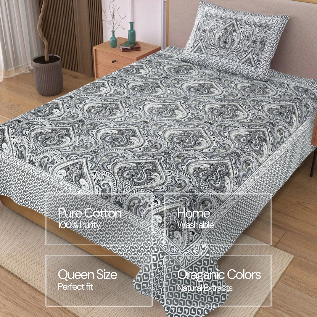 Jaipuri Cotton Single Bedsheet Set – Black & White Paisley Print (70X100 inches)