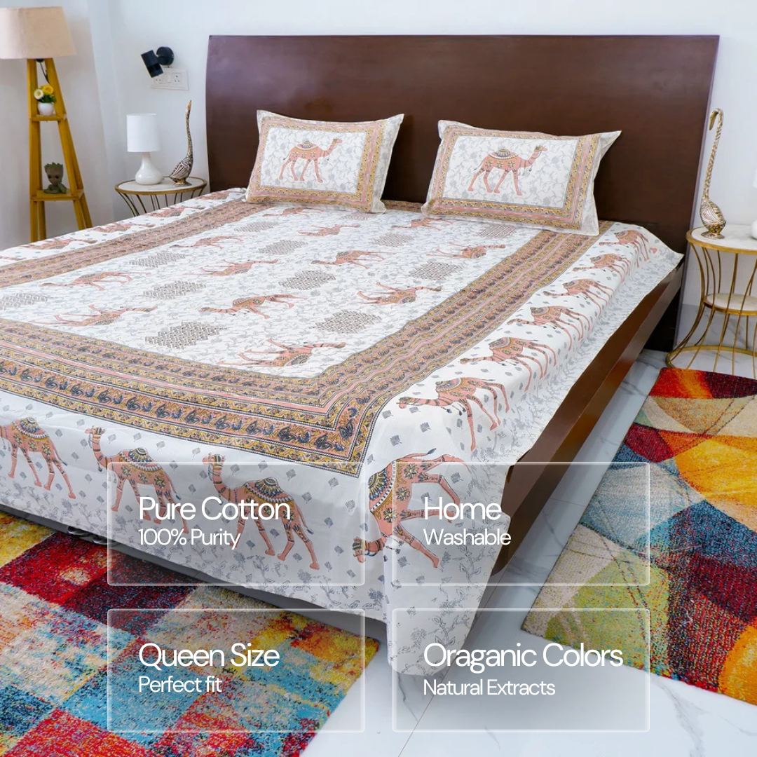 Jaipuri Cotton Double Bedsheet Set - Peach Camel Print (90x108 inches)