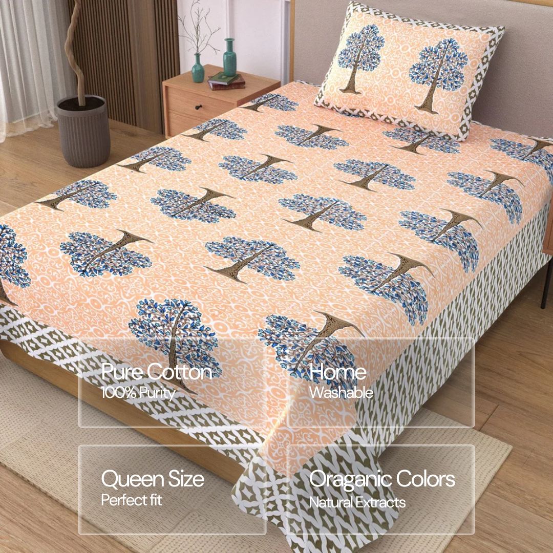 Jaipuri Cotton Single Bedsheet Set - Orange Floral Tree (70X100 inches)