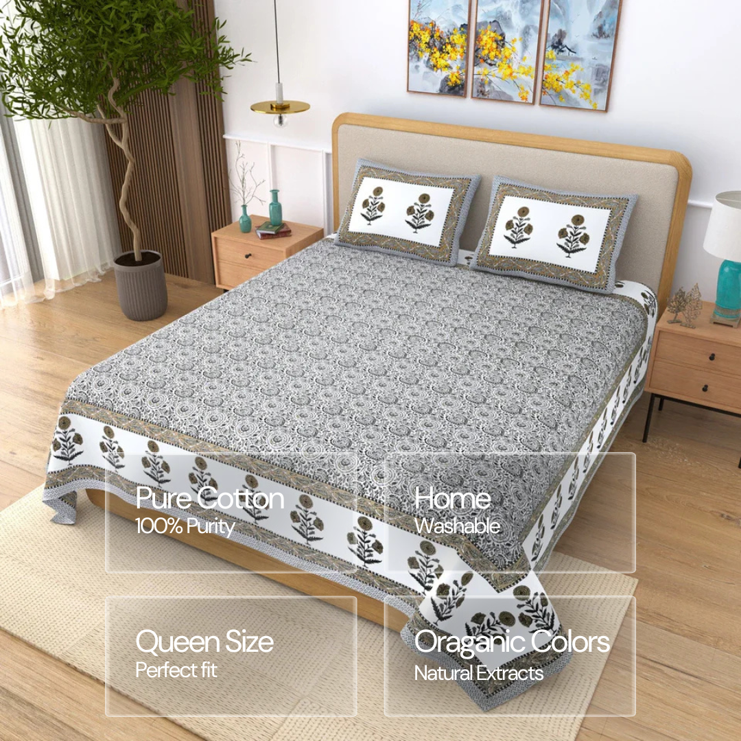 Jaipuri Cotton Double Bedsheet Set - Yellow Floral Jaal (108x108 inches)