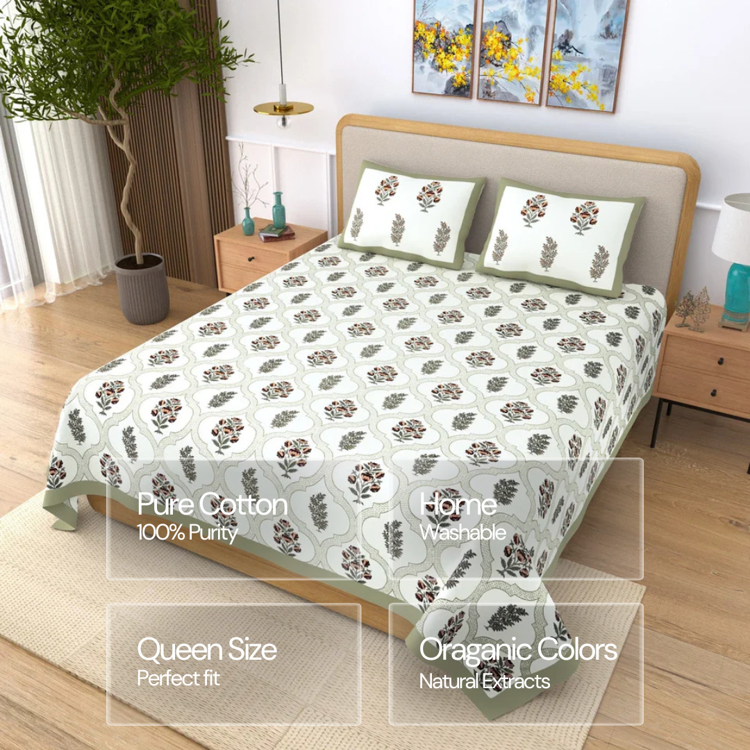 Jaipuri Cotton Double Bedsheet Set - Green Mughal Jaal (90x108 inches)