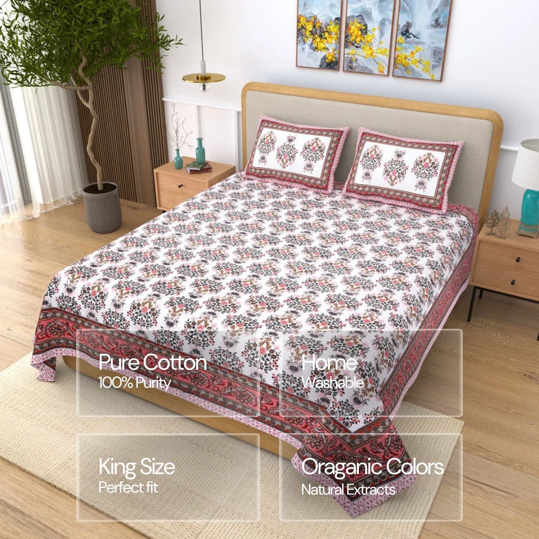 Jaipuri Cotton Double Bedsheet – White, Pink & Brown Floral Print (90x108 inches)