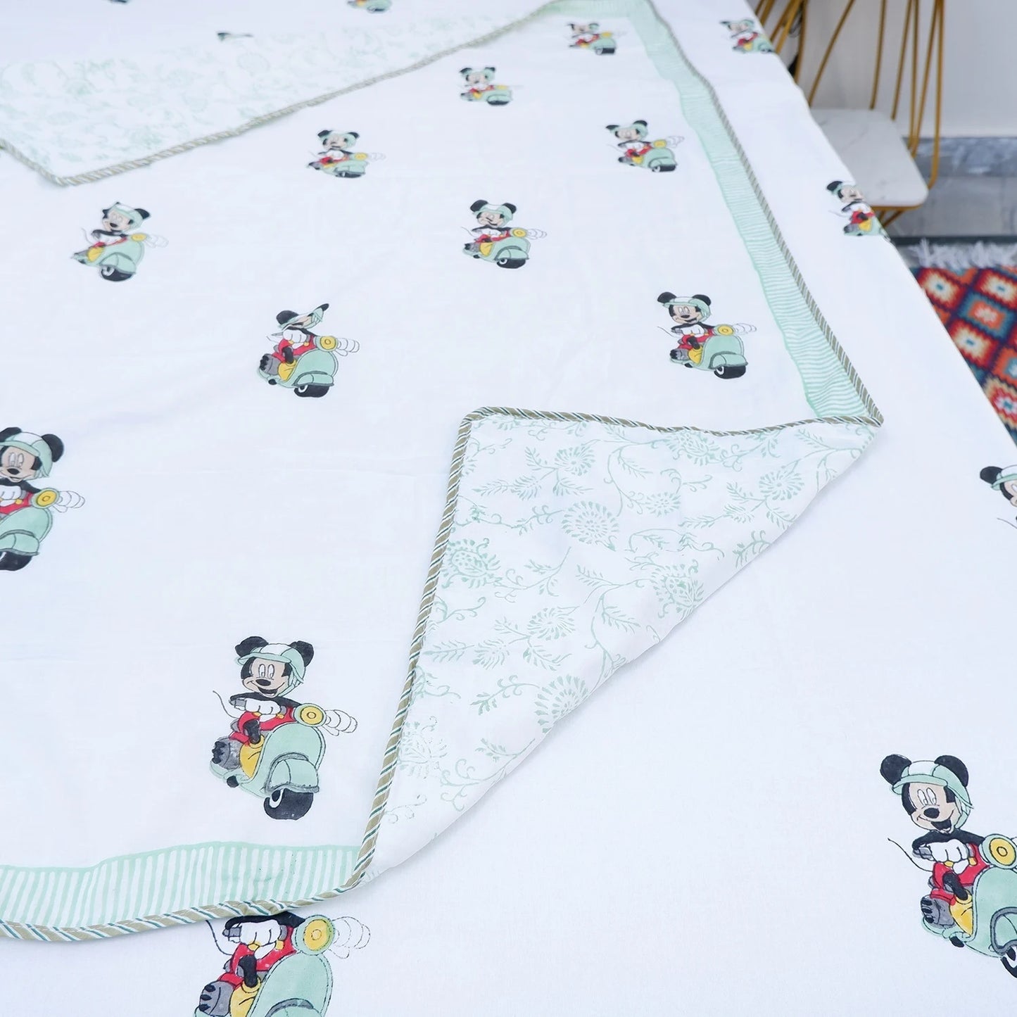 Hand Block Print Mulmul Cotton Kid's Dohar | Mickey Mouse Design