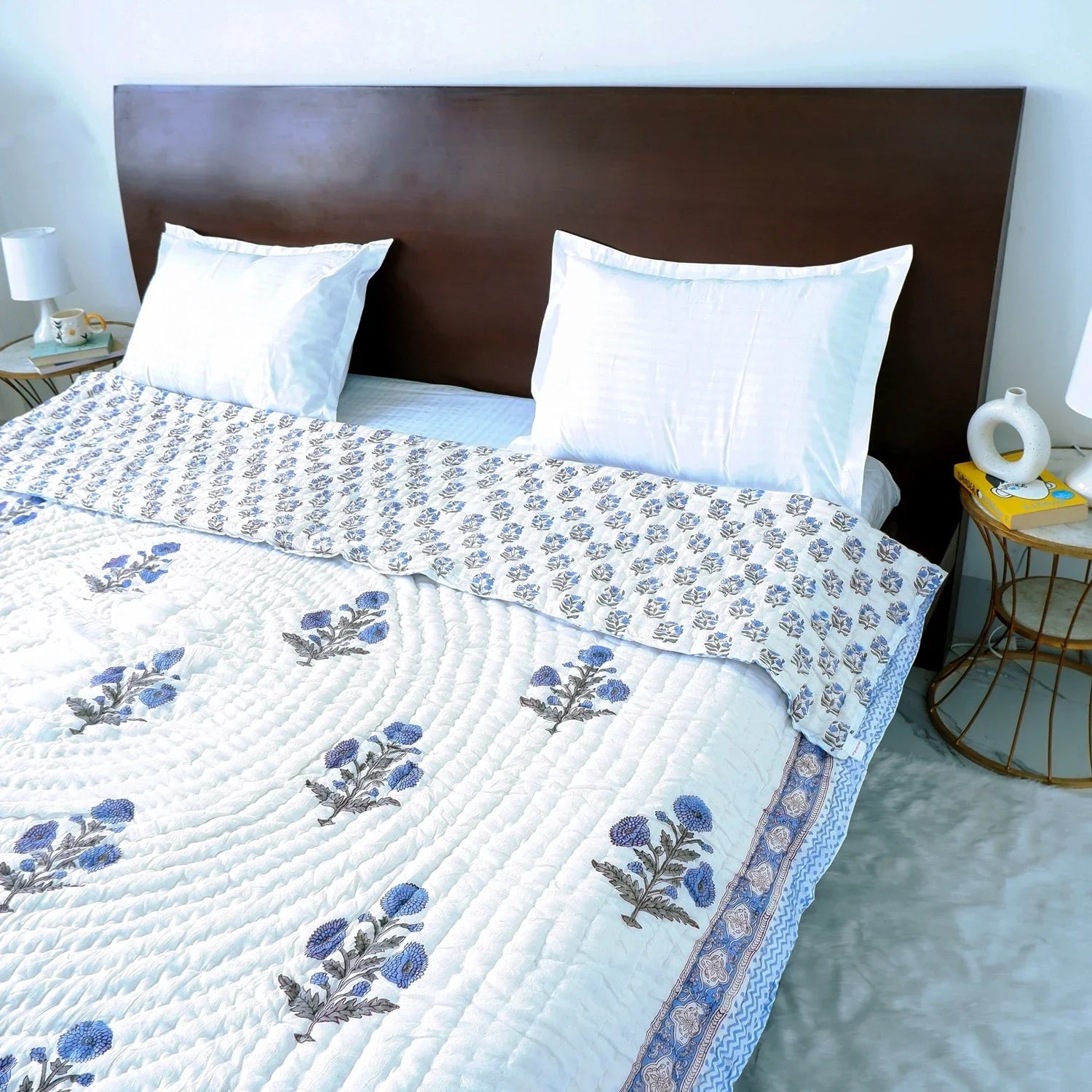 Hand Block Printed Jaipuri Cotton Quilt - Blue Floral Buta (90X108 Inches)