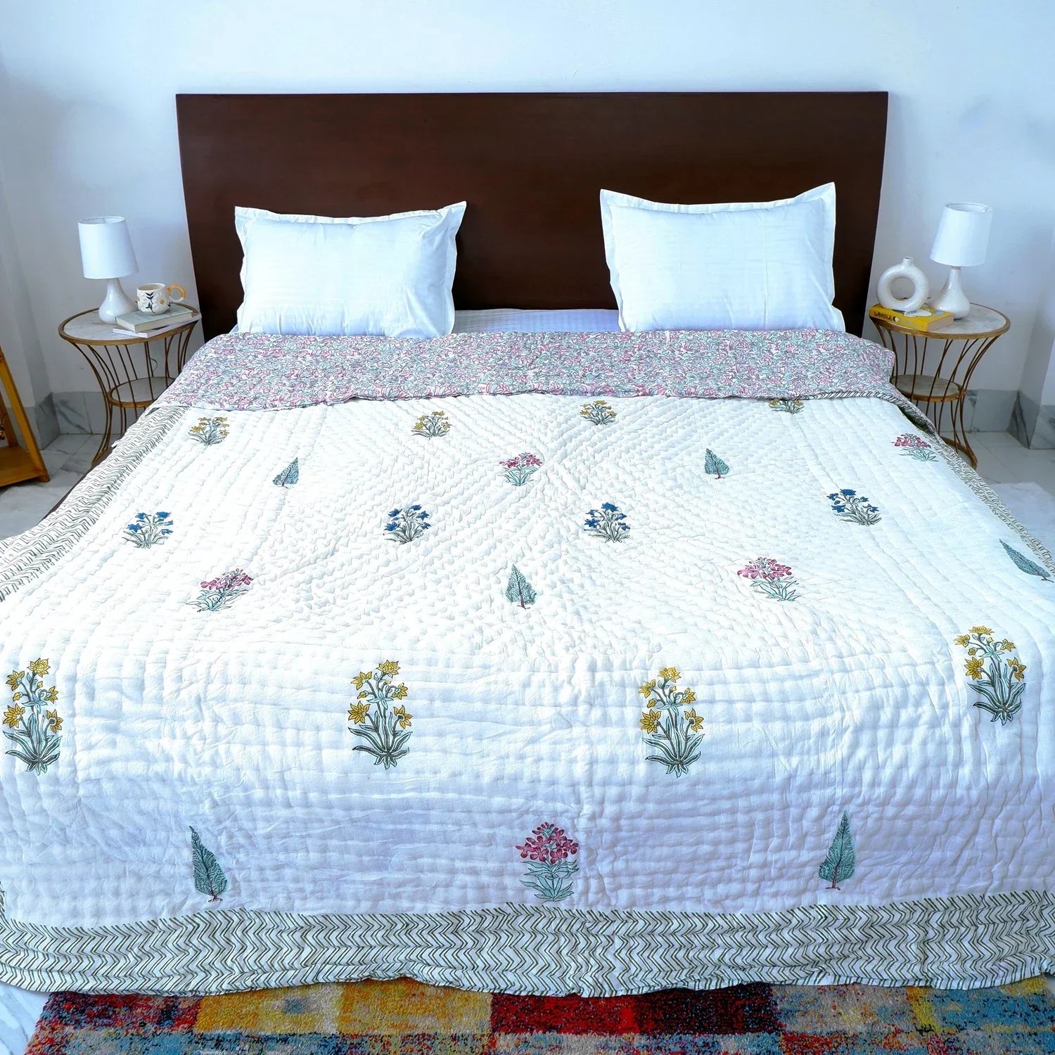 Hand Block Printed Jaipuri Cotton Quilt - Gulmohar Jaal (90X108 Inches)