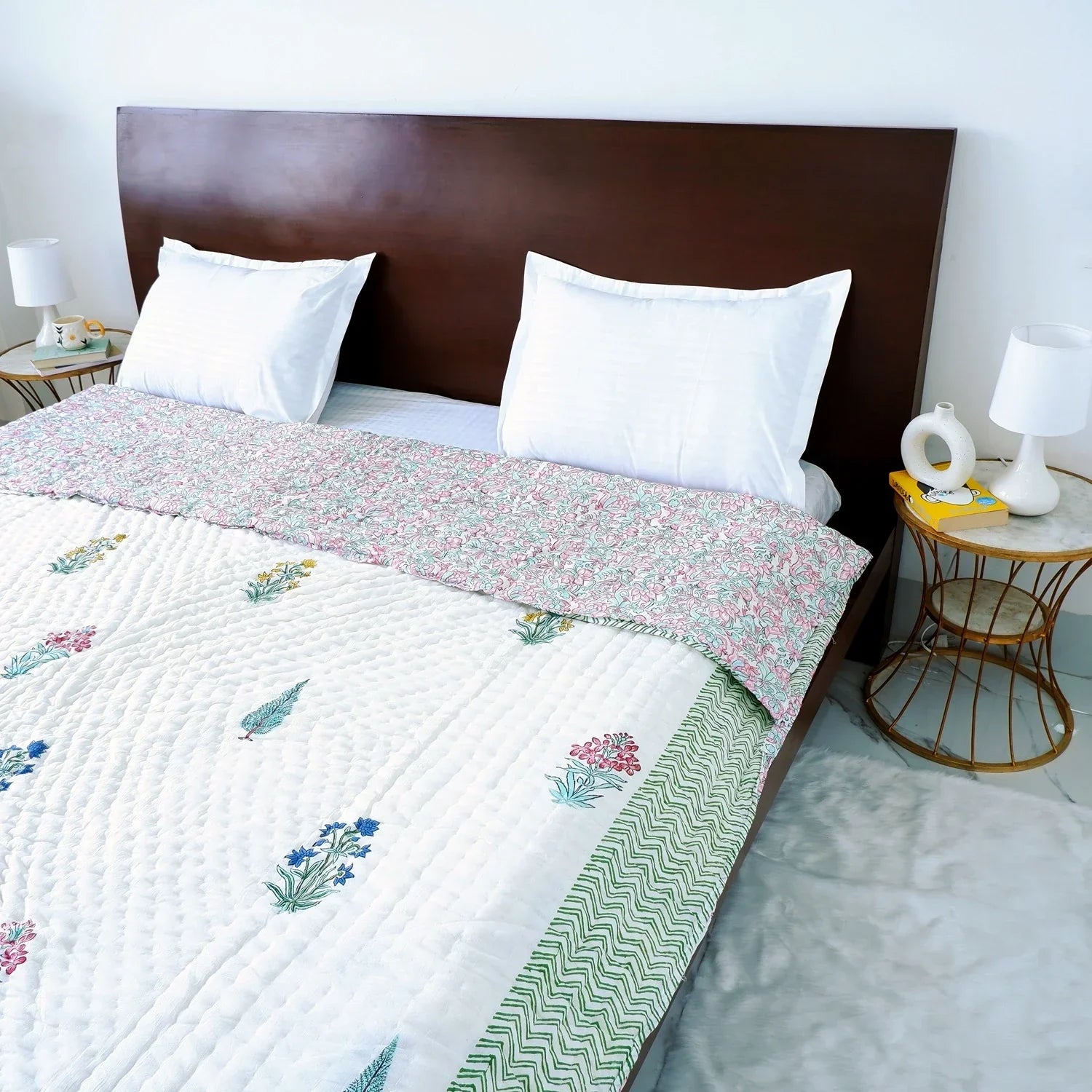 Hand Block Printed Jaipuri Cotton Quilt - Gulmohar Jaal (90X108 Inches)