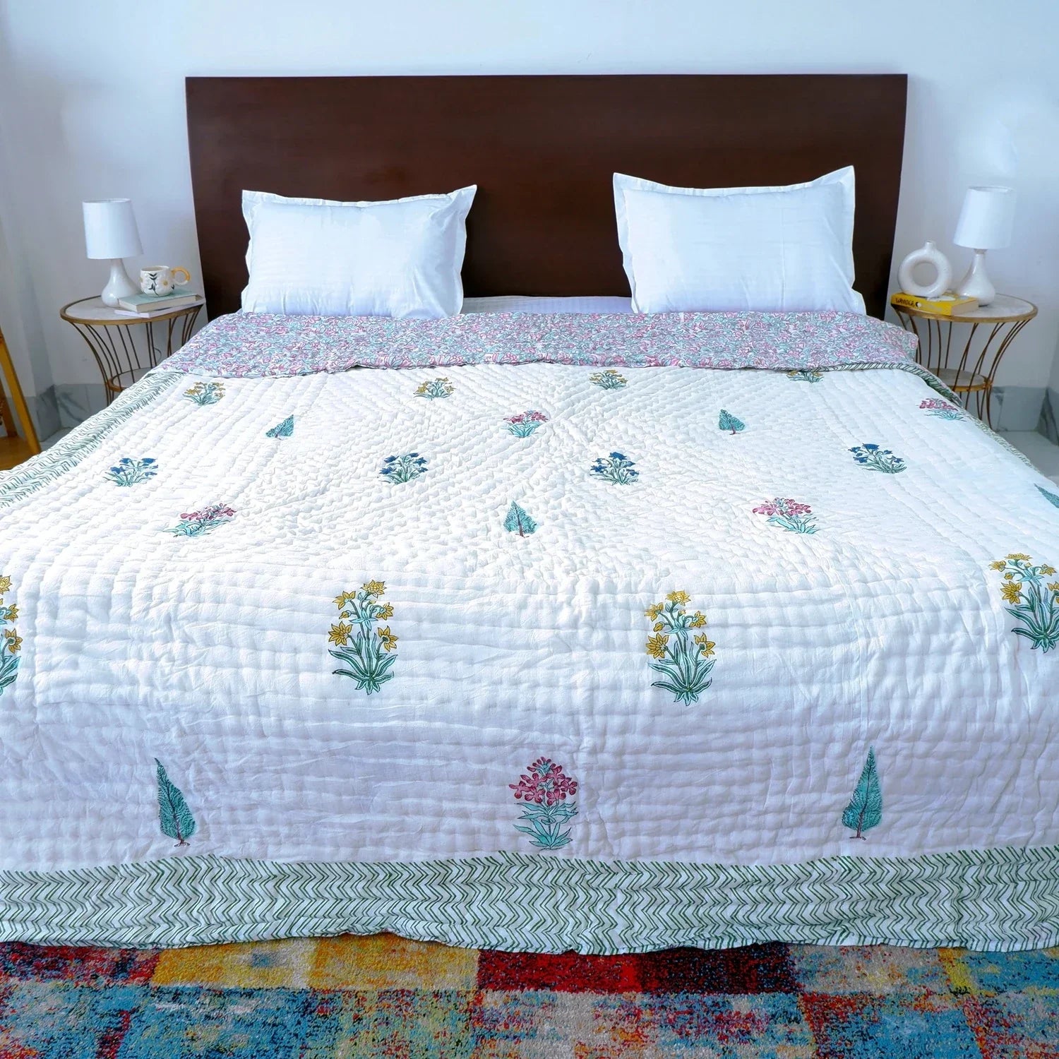 Hand Block Printed Jaipuri Cotton Quilt - Gulmohar Jaal (90X108 Inches)