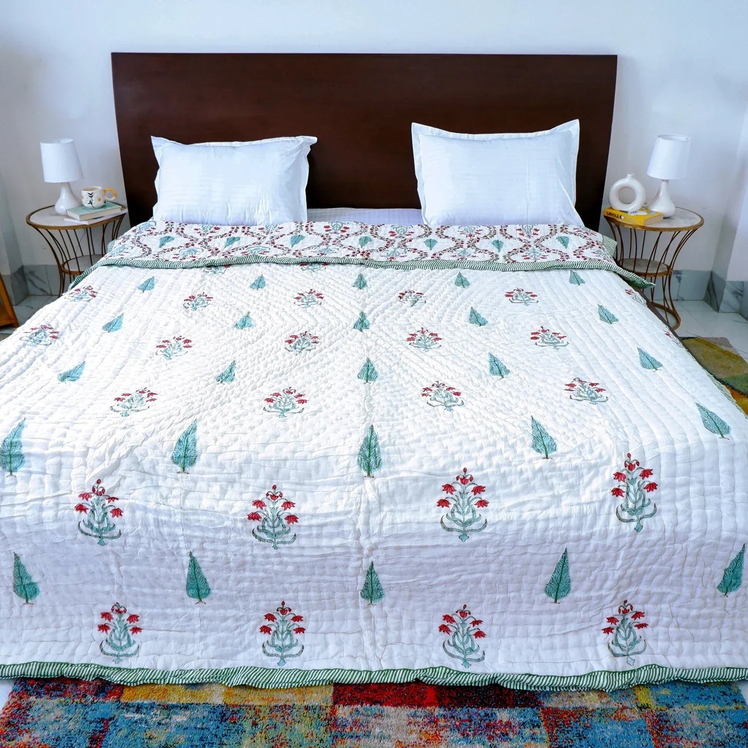 Hand Block Printed Jaipuri Cotton Quilt – Red & Green Floral Bel (90X108 Inches)