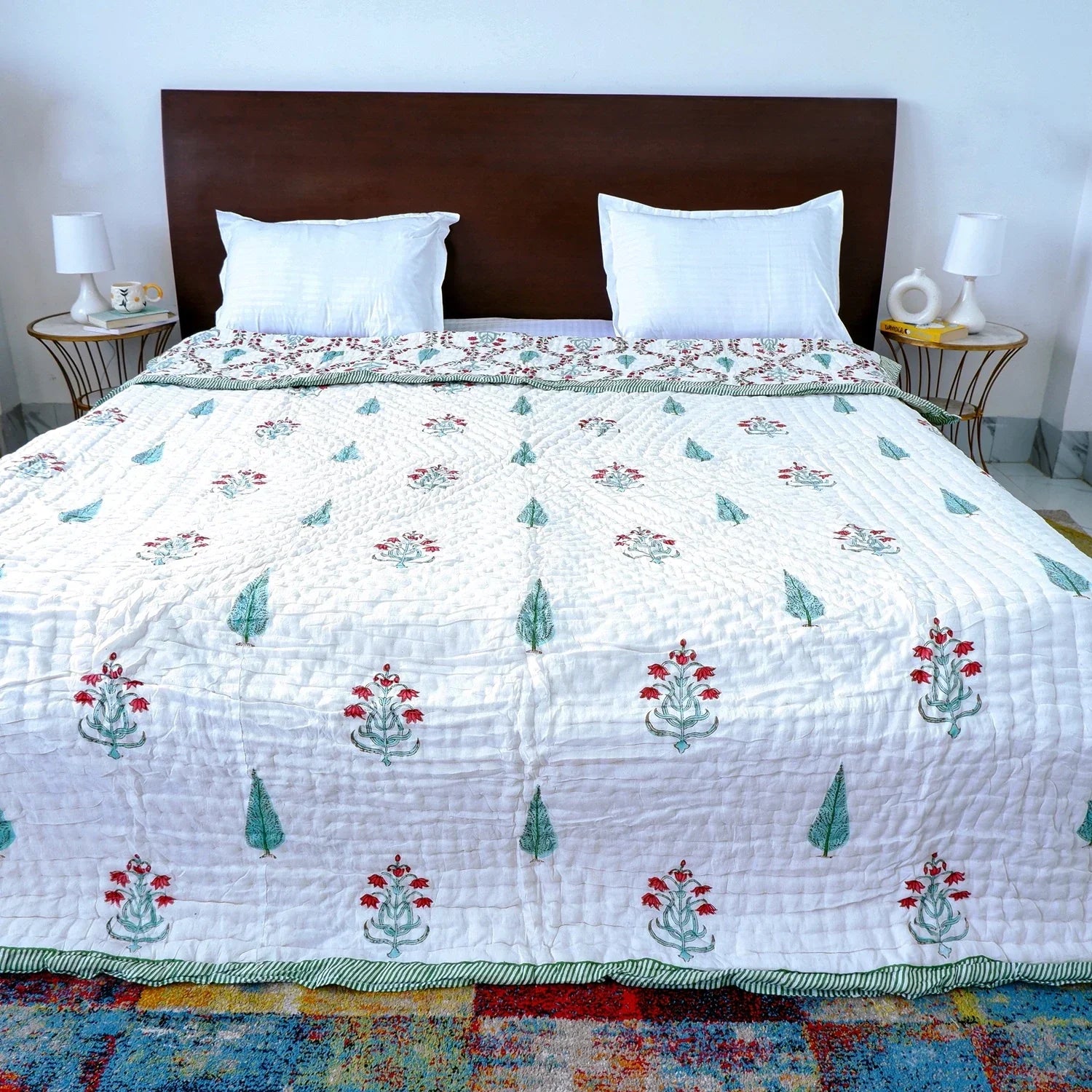 Hand Block Printed Jaipuri Cotton Quilt – Red & Green Floral Bel (90X108 Inches)