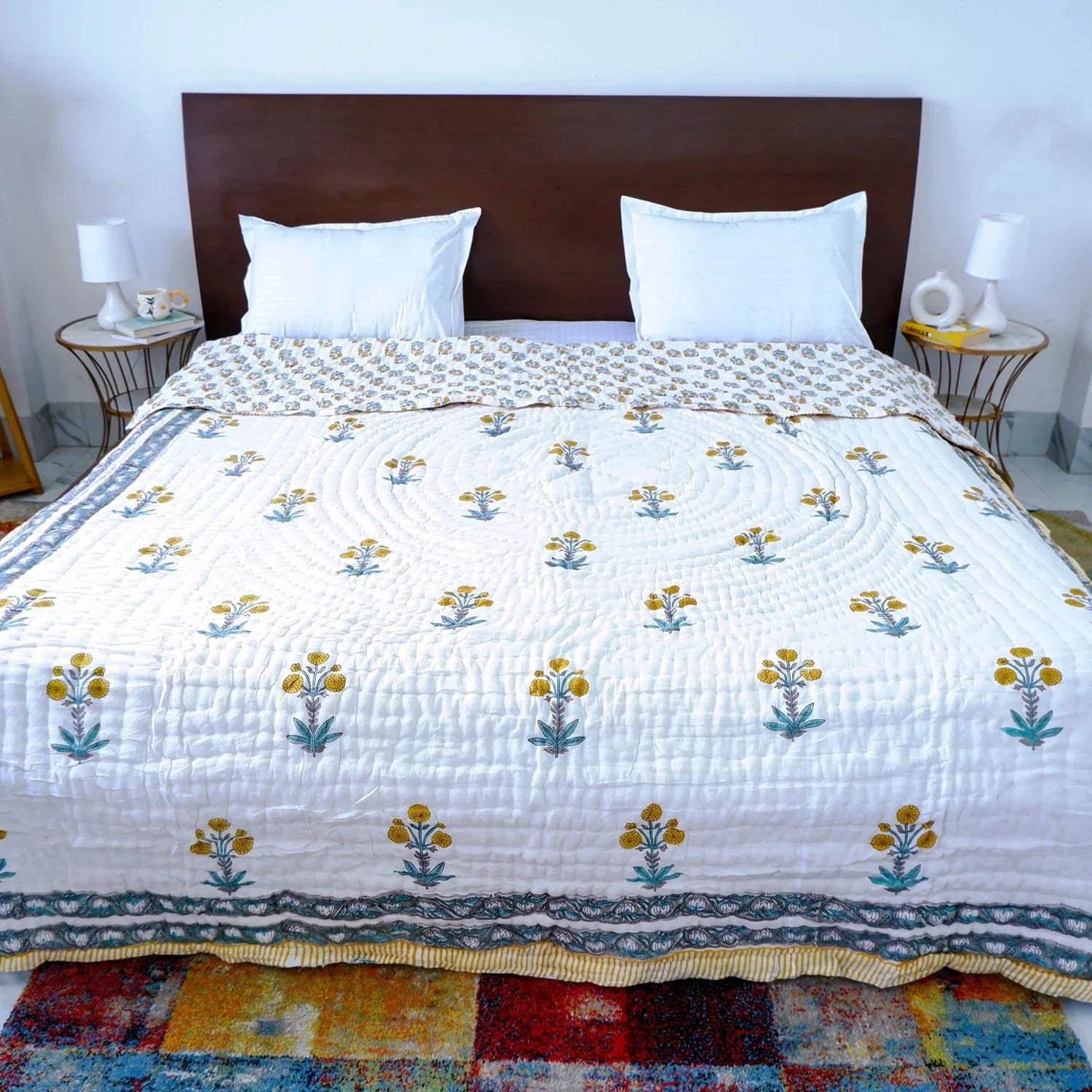 Hand Block Printed  Jaipuri Cotton Quilt - Yellow Floral Buta (90X108 Inches)