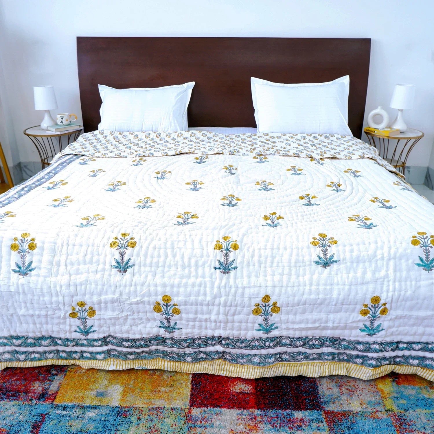 Hand Block Printed  Jaipuri Cotton Quilt - Yellow Floral Buta (90X108 Inches)