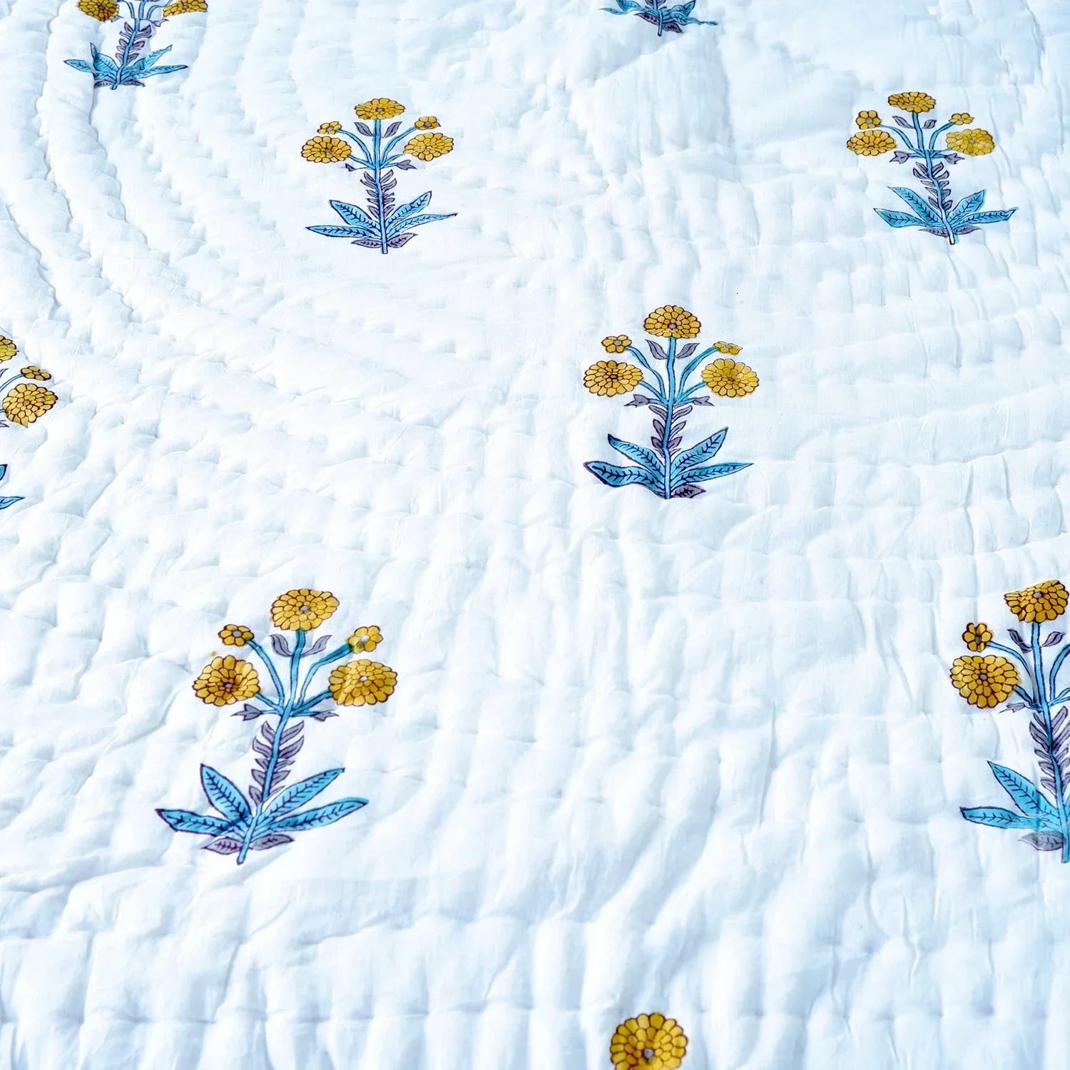 Hand Block Printed  Jaipuri Cotton Quilt - Yellow Floral Buta (90X108 Inches)