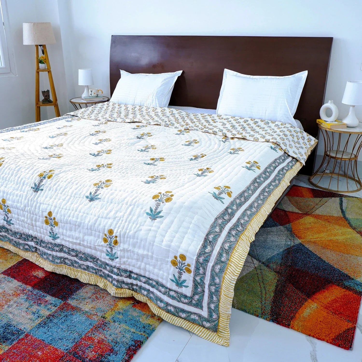 Hand Block Printed  Jaipuri Cotton Quilt - Yellow Floral Buta (90X108 Inches)