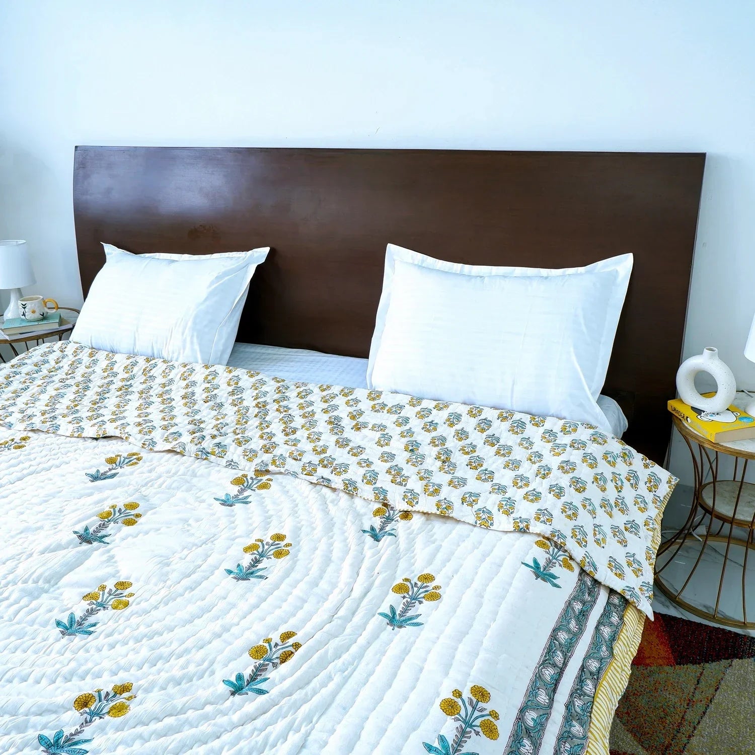 Hand Block Printed  Jaipuri Cotton Quilt - Yellow Floral Buta (90X108 Inches)