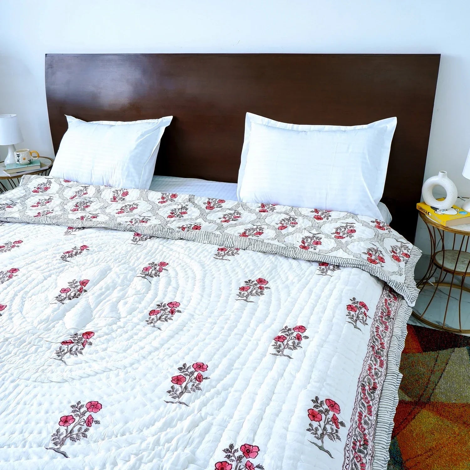 Hand Block Printed  Jaipuri Cotton Quilt - Red bloom Jaal (90X108 Inches)