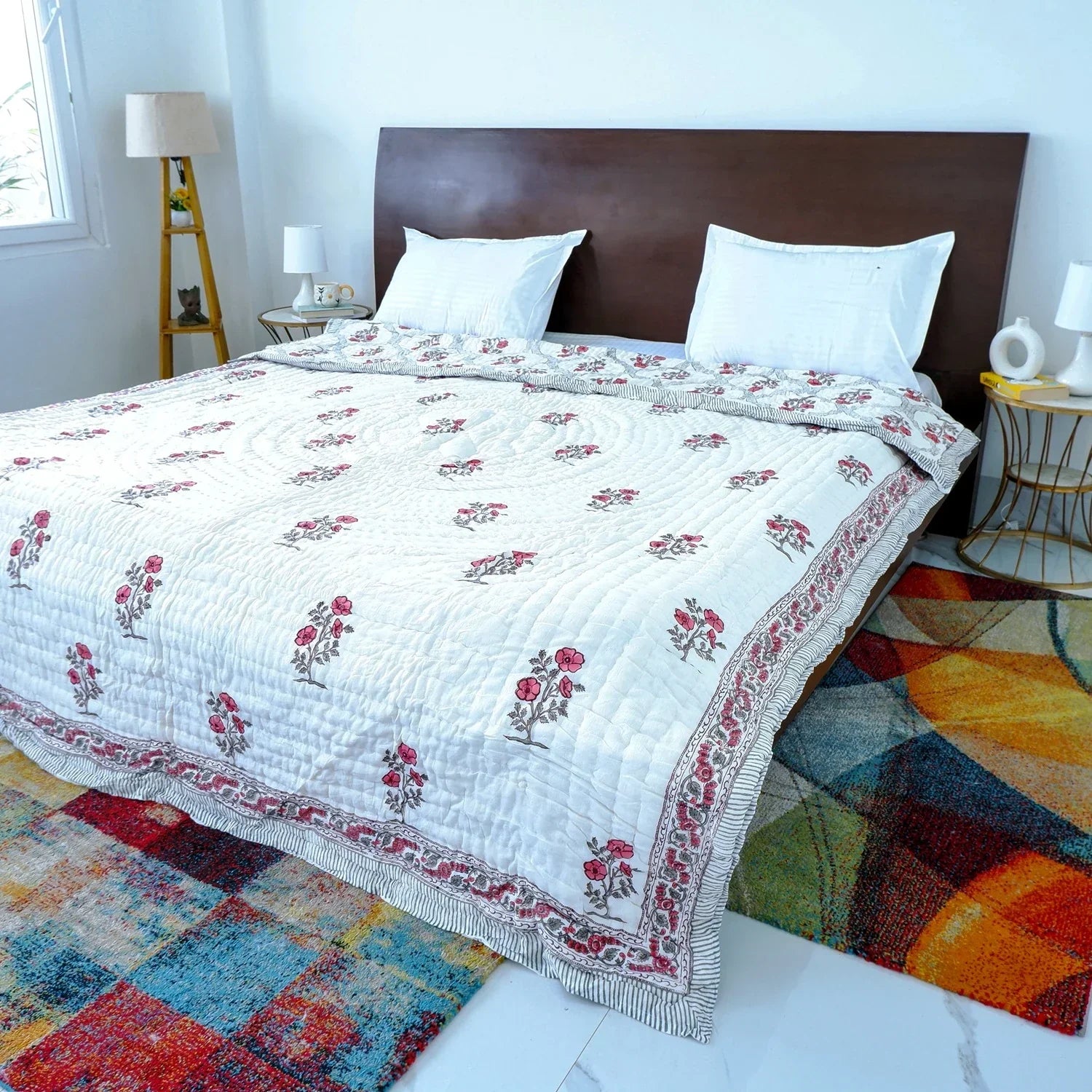 Hand Block Printed  Jaipuri Cotton Quilt - Red bloom Jaal (90X108 Inches)
