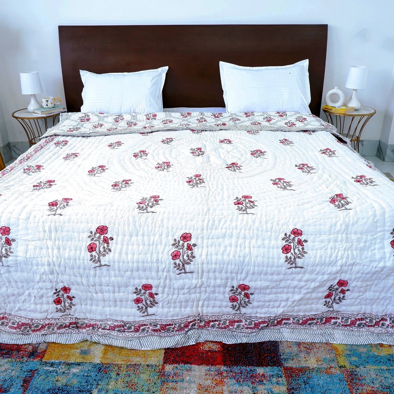 Hand Block Printed  Jaipuri Cotton Quilt - Red bloom Jaal (90X108 Inches)