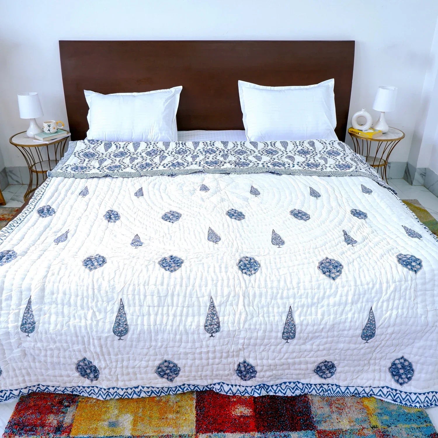 Hand Block Printed Jaipuri Cotton Quilt - Blue Floral Bel (90X108 Inches)