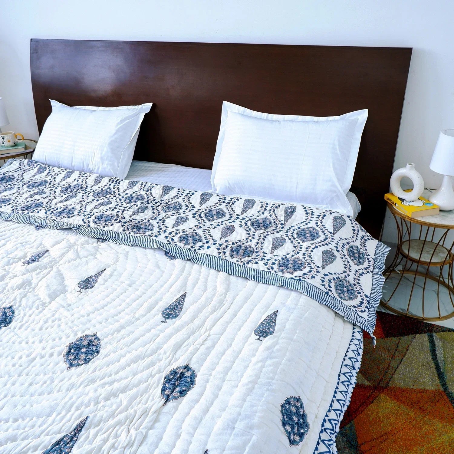 Hand Block Printed Jaipuri Cotton Quilt - Blue Floral Bel (90X108 Inches)