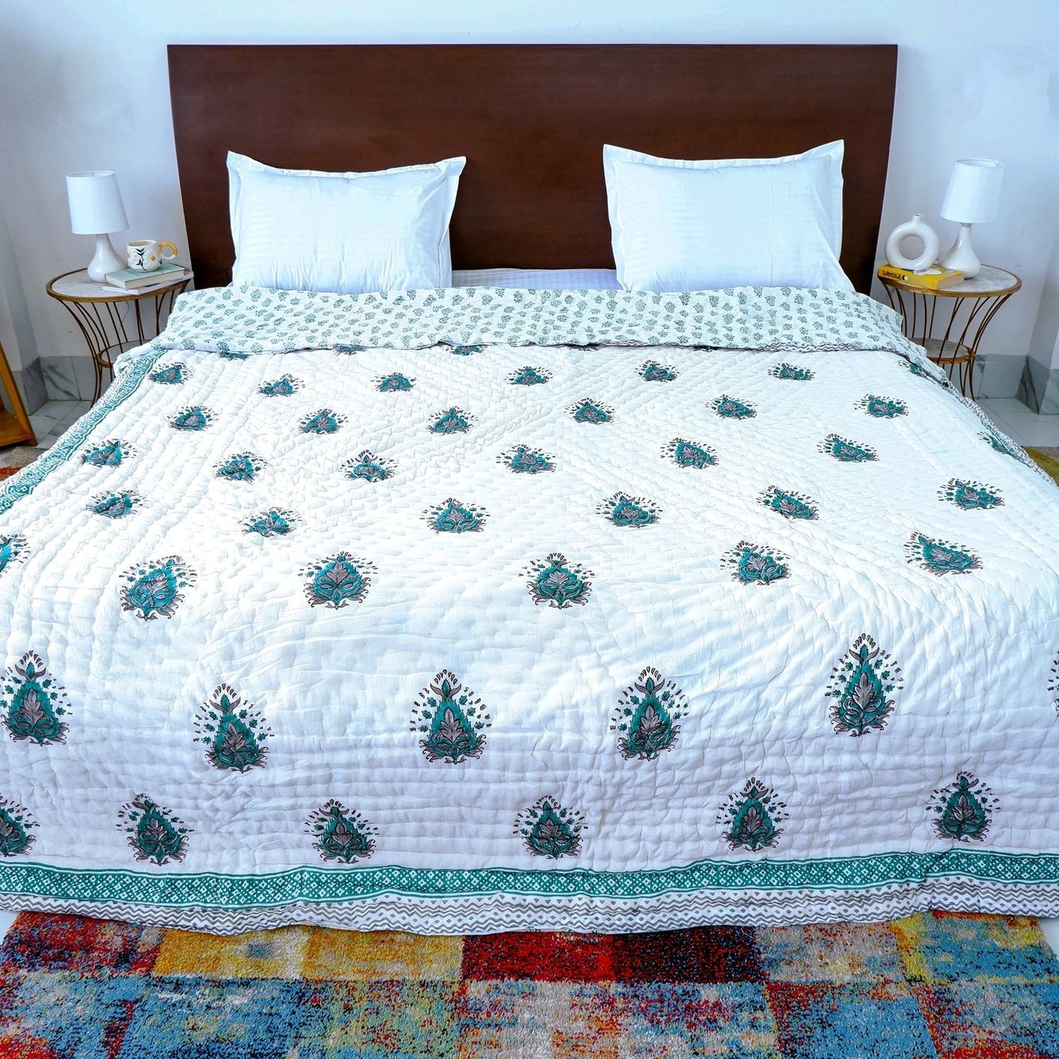 Hand Block Printed Jaipuri Cotton Quilt - Teal Keri pattern (90X108 Inches)