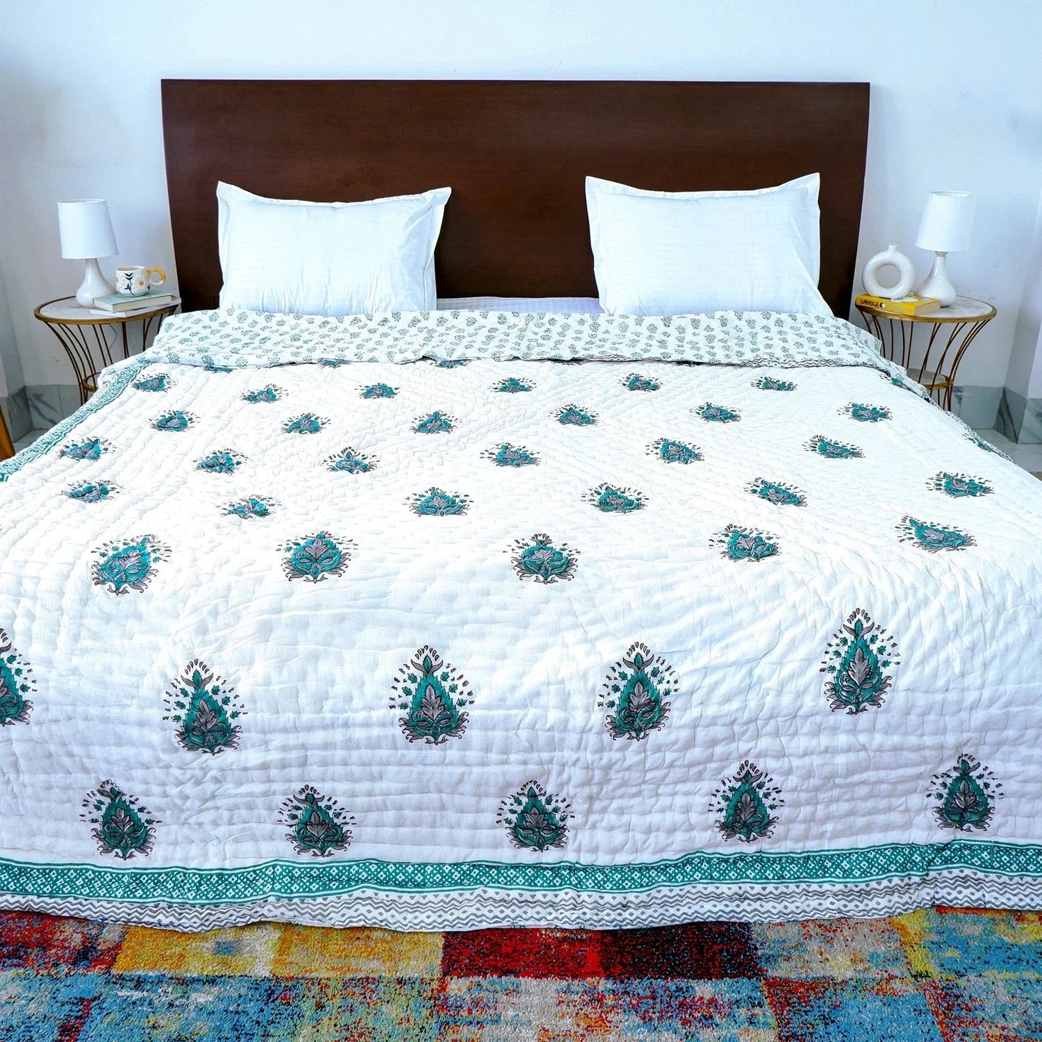 Hand Block Printed Jaipuri Cotton Quilt - Teal Keri pattern (90X108 Inches)