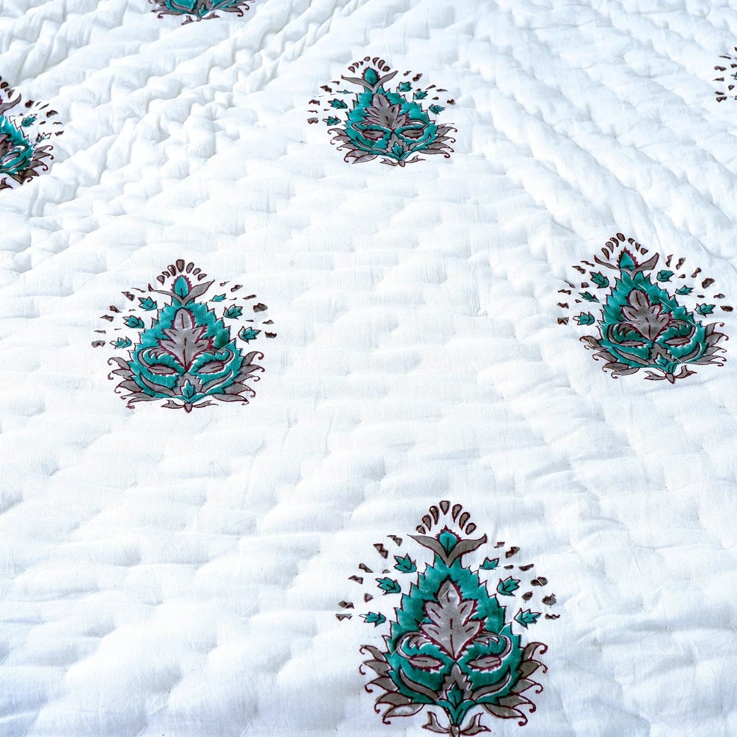 Hand Block Printed Jaipuri Cotton Quilt - Teal Keri pattern (90X108 Inches)