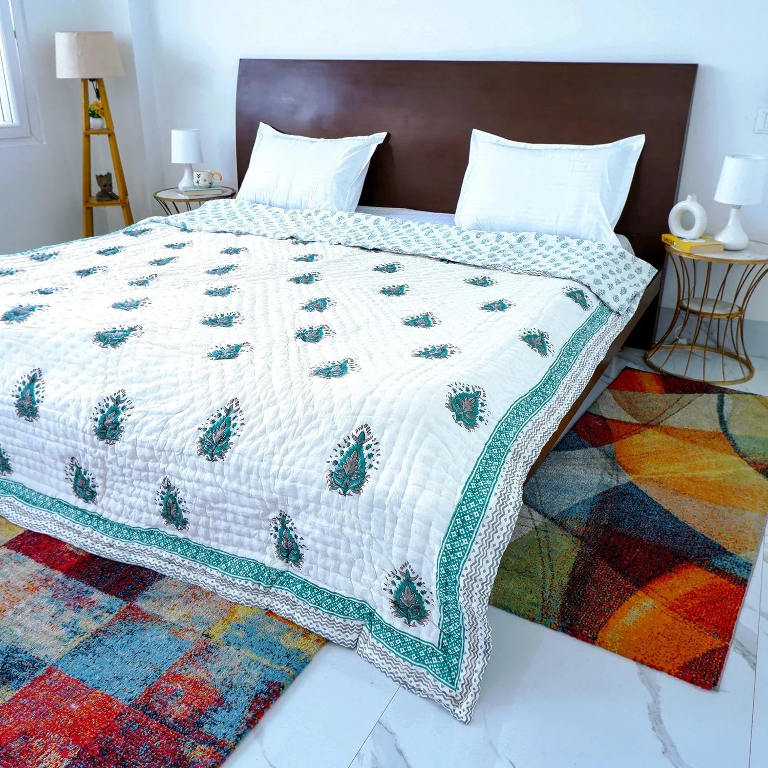 Hand Block Printed Jaipuri Cotton Quilt - Teal Keri pattern (90X108 Inches)