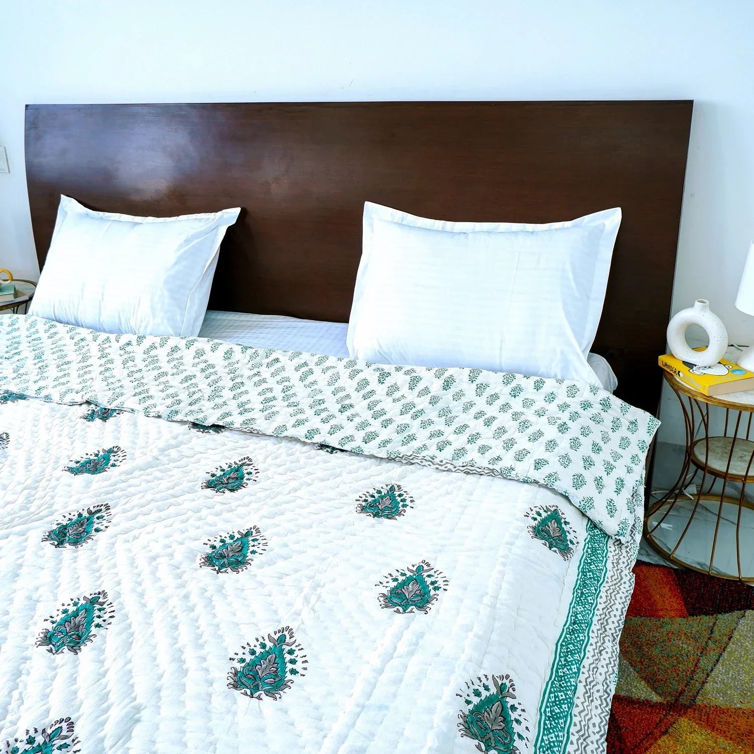 Hand Block Printed Jaipuri Cotton Quilt - Teal Keri pattern (90X108 Inches)