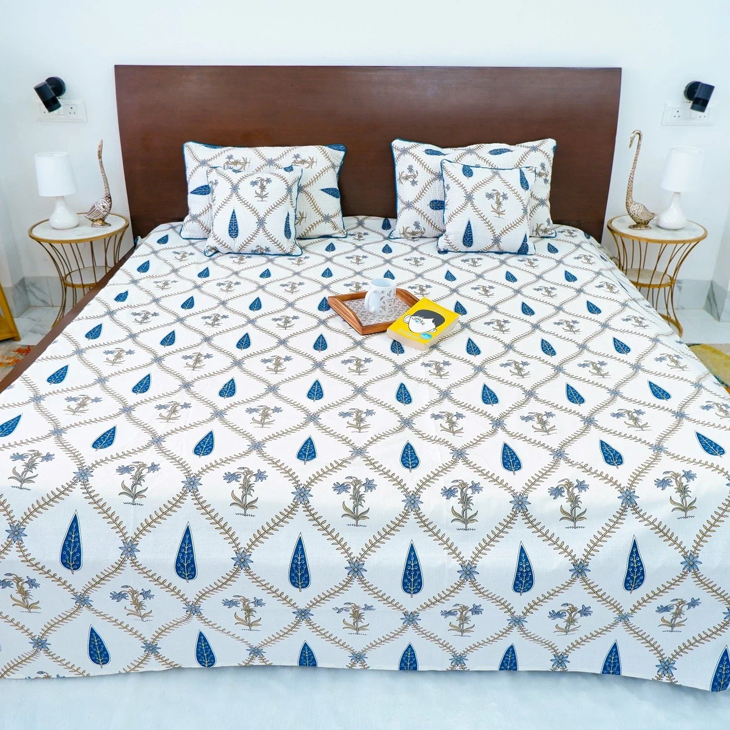 Hand Block Printed Cotton Bedding Set  of 5 Pieces -Blue Floral Jaal (90x108 inches)