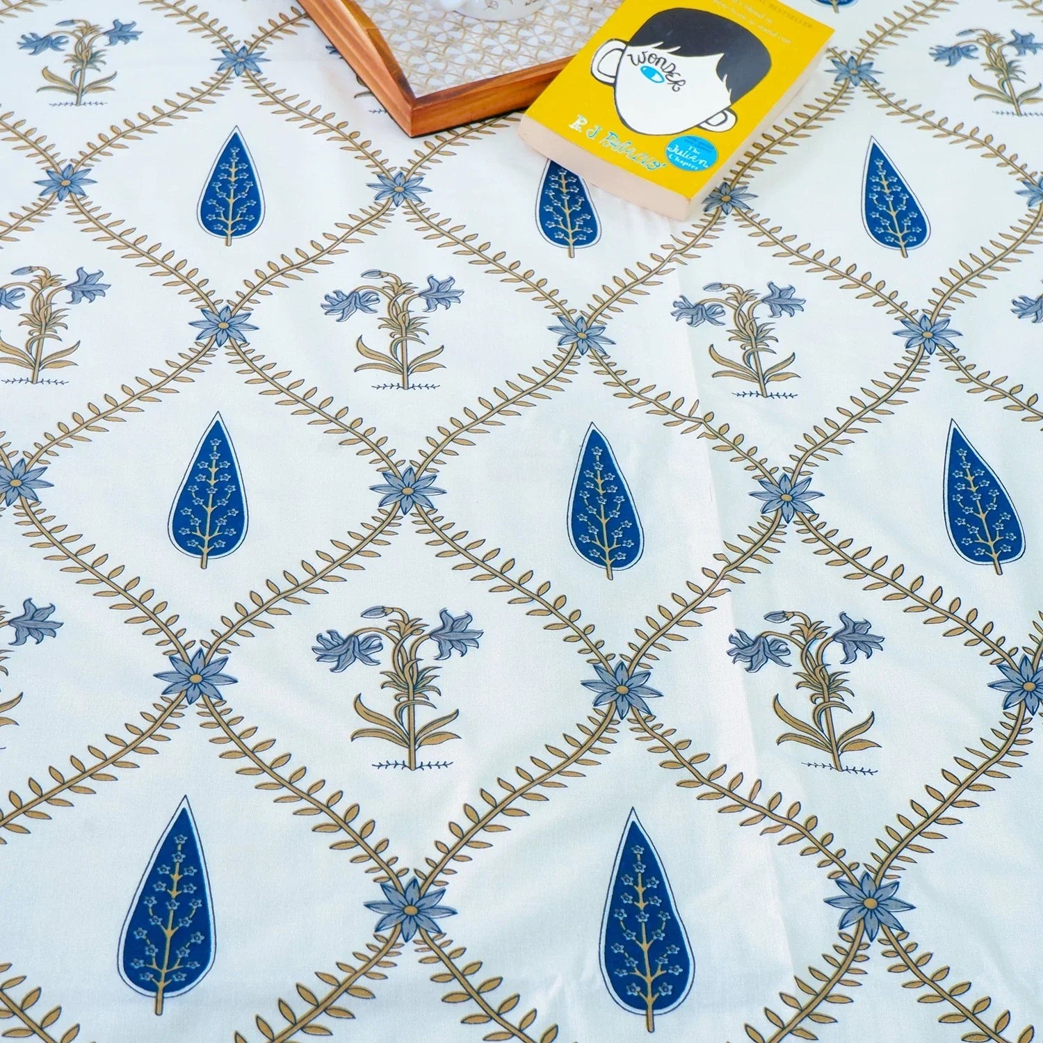 Hand Block Printed Cotton Bedding Set  of 5 Pieces -Blue Floral Jaal (90x108 inches)